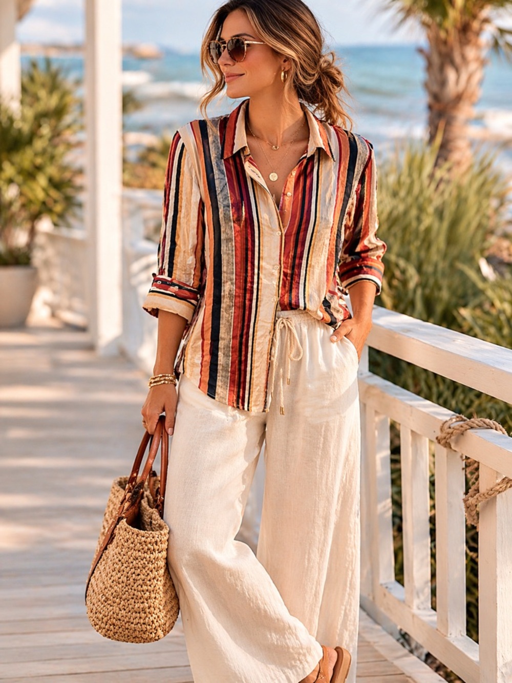 Ninety Silk Striped Button Down XL | Coastal Resort Blouse